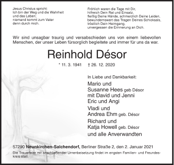 Traueranzeige von Reinhold Desor von Siegener Zeitung