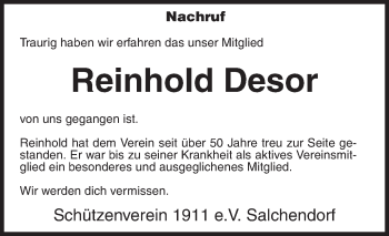 Traueranzeige von Reinhold Desor von Siegener Zeitung