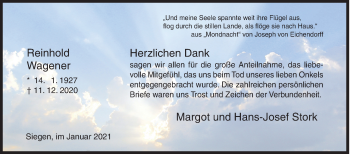 Traueranzeige von Reinhold Wagener von Siegener Zeitung