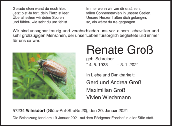 Traueranzeige von Renate Groß von Siegener Zeitung