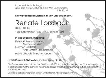 Traueranzeige von Renate Lorsbach von Siegener Zeitung