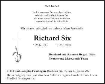 Traueranzeige von Richard Six von Siegener Zeitung