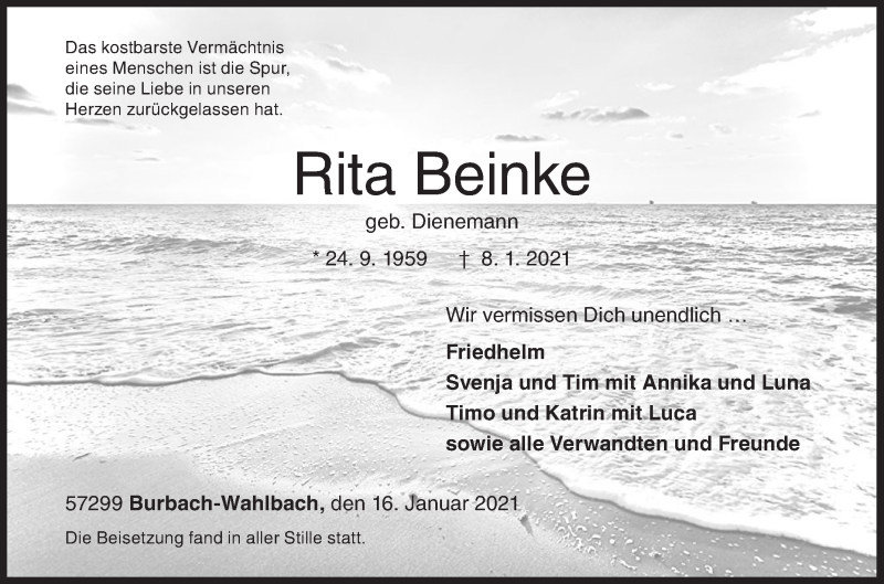  Traueranzeige für Rita Beinke vom 16.01.2021 aus Siegener Zeitung