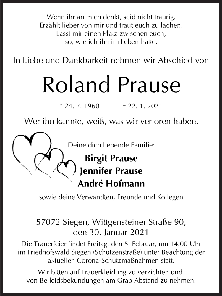  Traueranzeige für Roland Prause vom 30.01.2021 aus Siegener Zeitung