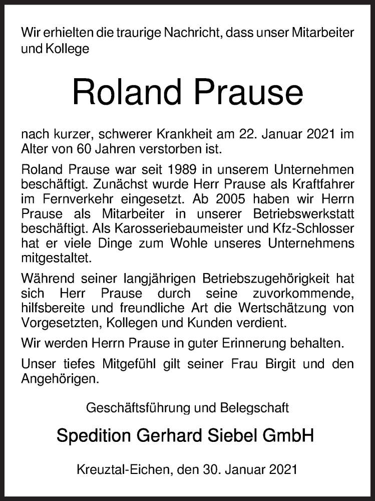  Traueranzeige für Roland Prause vom 30.01.2021 aus Siegener Zeitung
