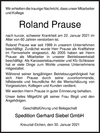 Traueranzeige von Roland Prause von Siegener Zeitung