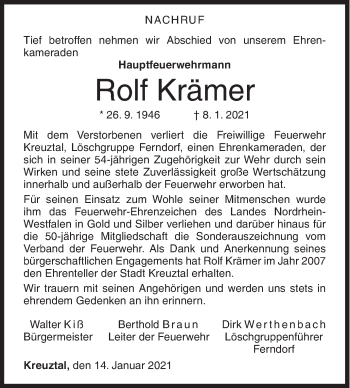 Traueranzeige von Rolf Krämer von Siegener Zeitung