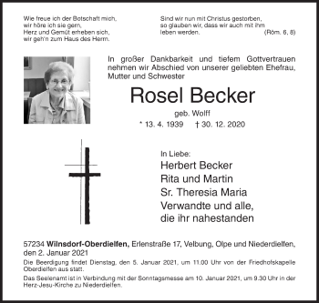 Traueranzeige von Rosel Becker von Siegener Zeitung
