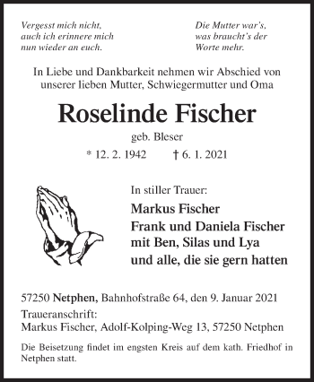 Traueranzeige von Roselinde Fischer von Siegener Zeitung