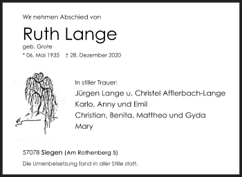 Traueranzeige von Ruth Lange von Siegener Zeitung
