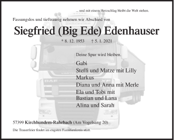 Traueranzeige von Siegfried Edenhauser von Siegener Zeitung