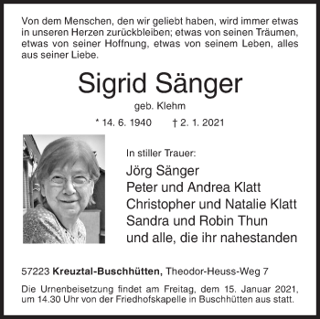 Traueranzeige von Sigrid Sänger von Siegener Zeitung