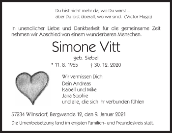 Traueranzeige von Simone Vitt von Siegener Zeitung