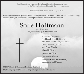 Traueranzeige von Sofie Hoffmann von Siegener Zeitung