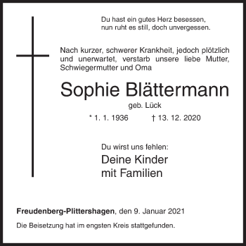 Traueranzeige von Sophie Blättermann von Siegener Zeitung