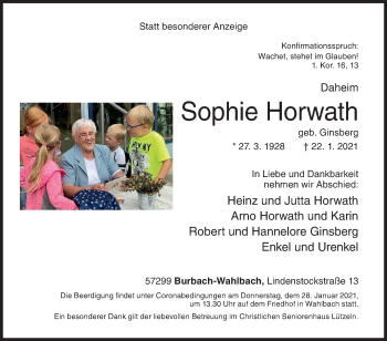 Traueranzeige von Sophie Horwath von Siegener Zeitung