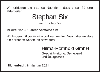 Traueranzeige von Stephan Six von Siegener Zeitung