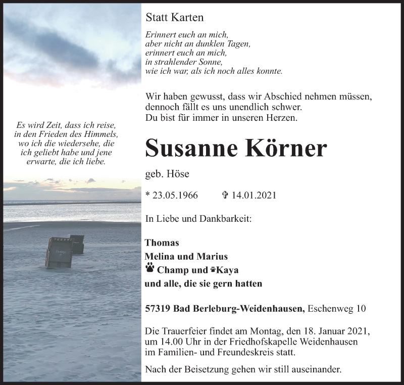 Traueranzeige für Susanne Körner vom 18.01.2021 aus Siegener Zeitung