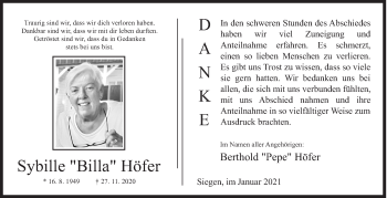 Traueranzeige von Sybille Höfer von Siegener Zeitung