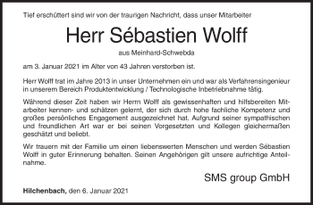 Traueranzeige von Sébastien Wolff von Siegener Zeitung
