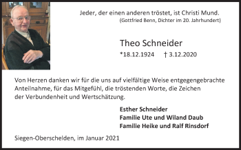 Traueranzeige von Theo Schneider von Siegener Zeitung