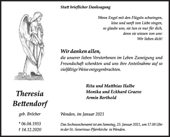 Traueranzeige von Theresia Bettendorf von Siegener Zeitung