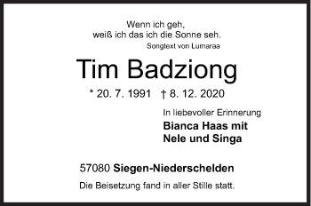 Traueranzeige von Tim Badziong von Siegener Zeitung