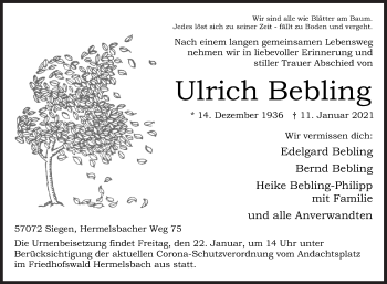 Traueranzeige von Ulrich Bebling von Siegener Zeitung