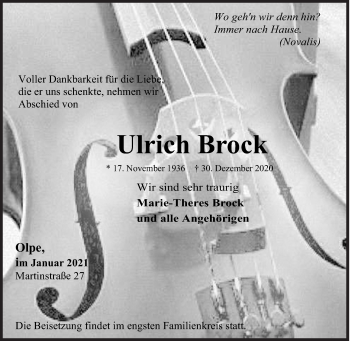 Traueranzeige von Ulrich Brock von Siegener Zeitung