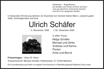 Traueranzeige von Ulrich Schäfer von Siegener Zeitung