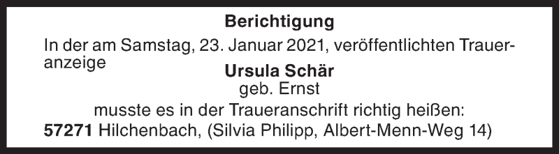  Traueranzeige für Ursula Schär vom 25.01.2021 aus Siegener Zeitung