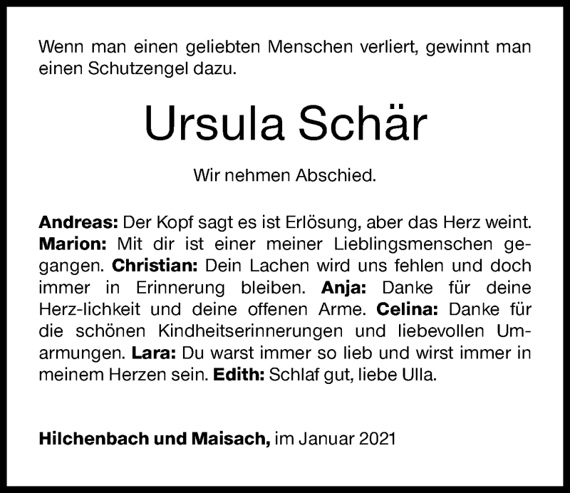  Traueranzeige für Ursula Schär vom 26.01.2021 aus Siegener Zeitung