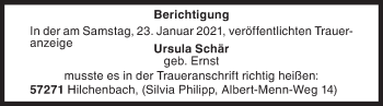 Traueranzeige von Ursula Schär von Siegener Zeitung