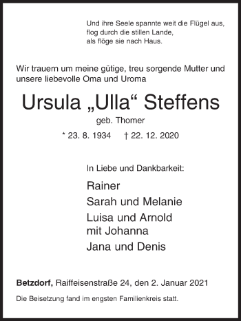 Traueranzeige von Ursula Steffens von Siegener Zeitung