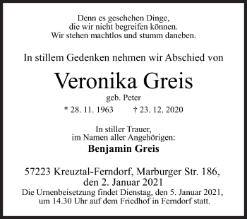 Traueranzeige von Veronika Greis von Siegener Zeitung