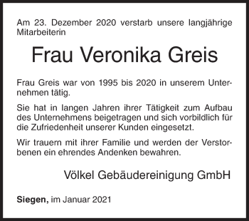 Traueranzeige von Veronika Greis von Siegener Zeitung