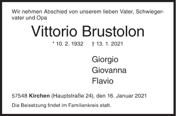 Traueranzeige von Vittorio Brustolon von Siegener Zeitung