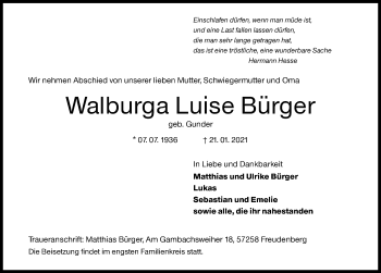 Traueranzeige von Walburga Luise Bürger von Siegener Zeitung