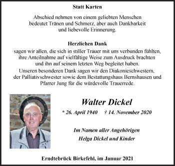 Traueranzeige von Walter Dickel von Siegener Zeitung