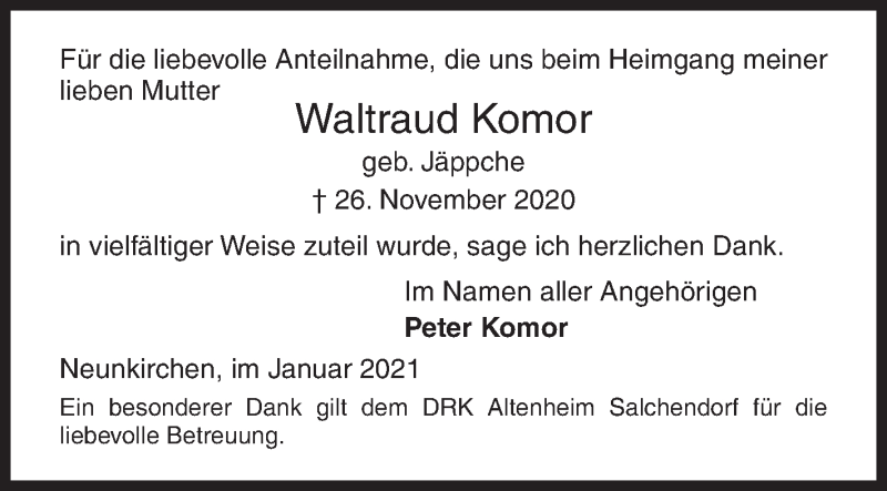  Traueranzeige für Waltraud Komor vom 16.01.2021 aus Siegener Zeitung