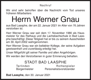 Traueranzeige von Werner Gnau von Siegener Zeitung