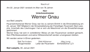 Traueranzeige von Werner Gnau von Siegener Zeitung