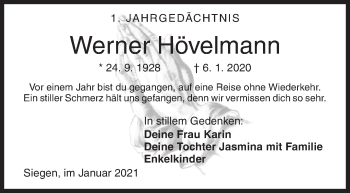 Traueranzeige von Werner Hövelmann von Siegener Zeitung