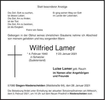 Traueranzeige von Wilfried Lamer von Siegener Zeitung