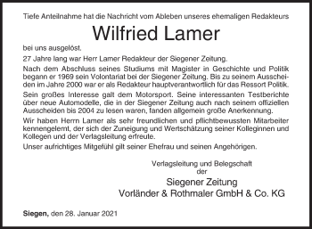 Traueranzeige von Wilfried Lamer von Siegener Zeitung