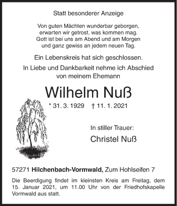Traueranzeige von Wilhelm Nuß von Siegener Zeitung