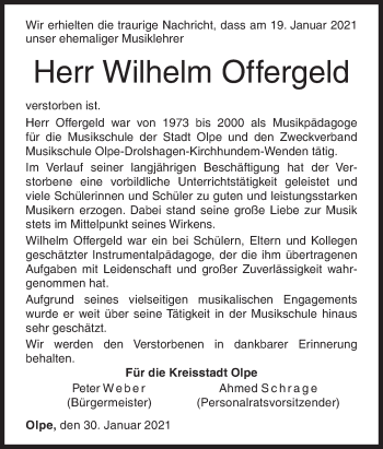 Traueranzeige von Wilhelm Offergeld von Siegener Zeitung