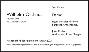 Traueranzeige von Wilhelm Osthaus von Siegener Zeitung