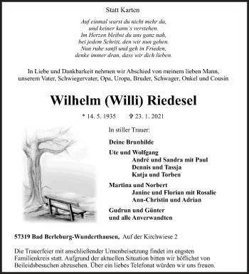 Traueranzeige von Wilhelm  Riedesel von Siegener Zeitung