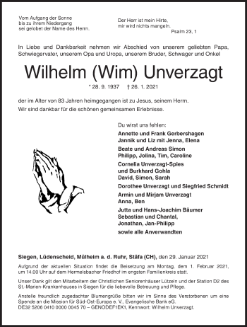 Traueranzeige von Wilhelm  Unverzagt von Siegener Zeitung